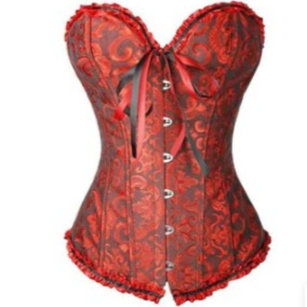 Red and black bow overbust jacquard corset small-6xL Victorian burgundy style